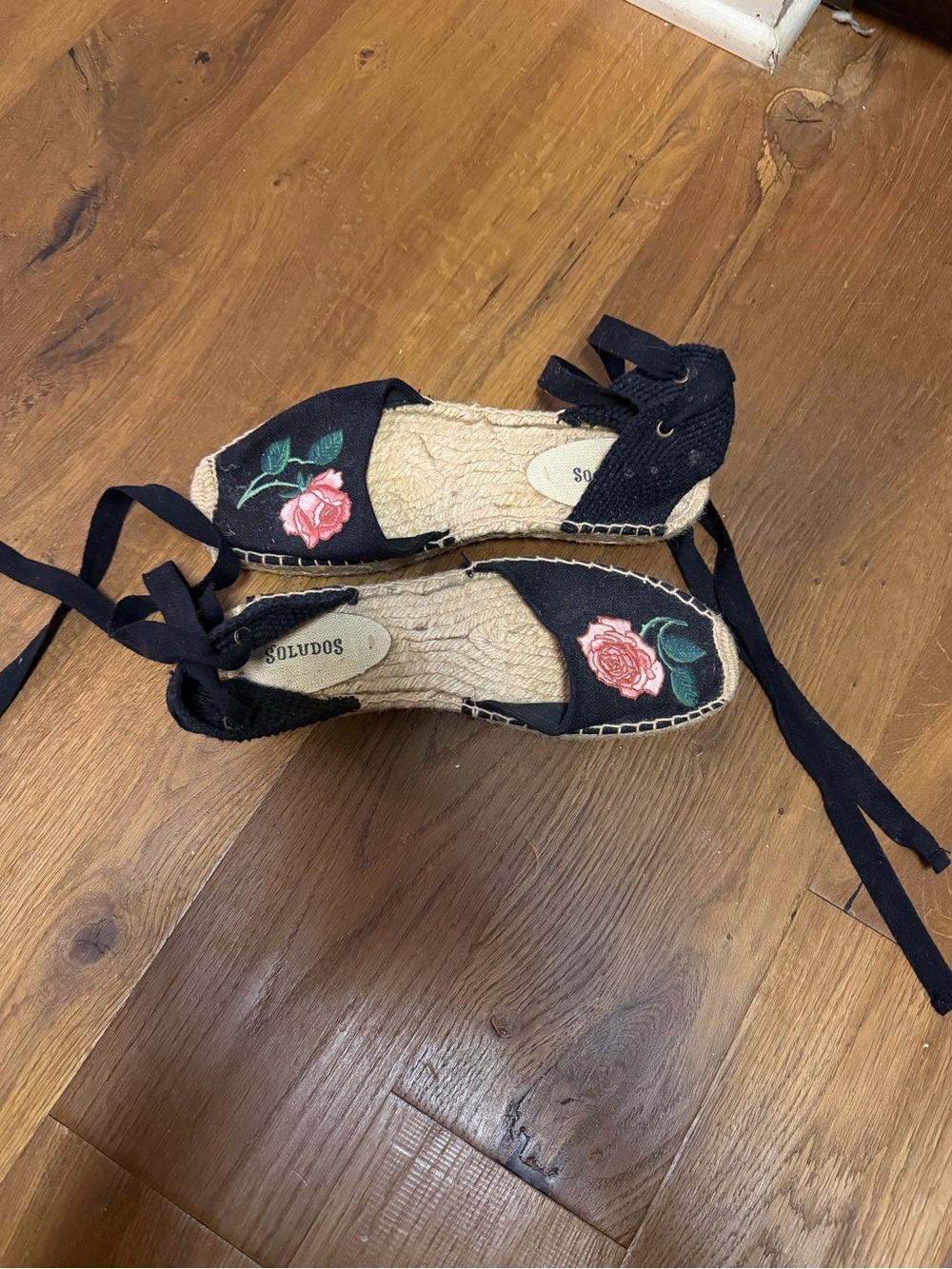 Soludos Black Espadrille Wedges with Pink Rose Embroidery